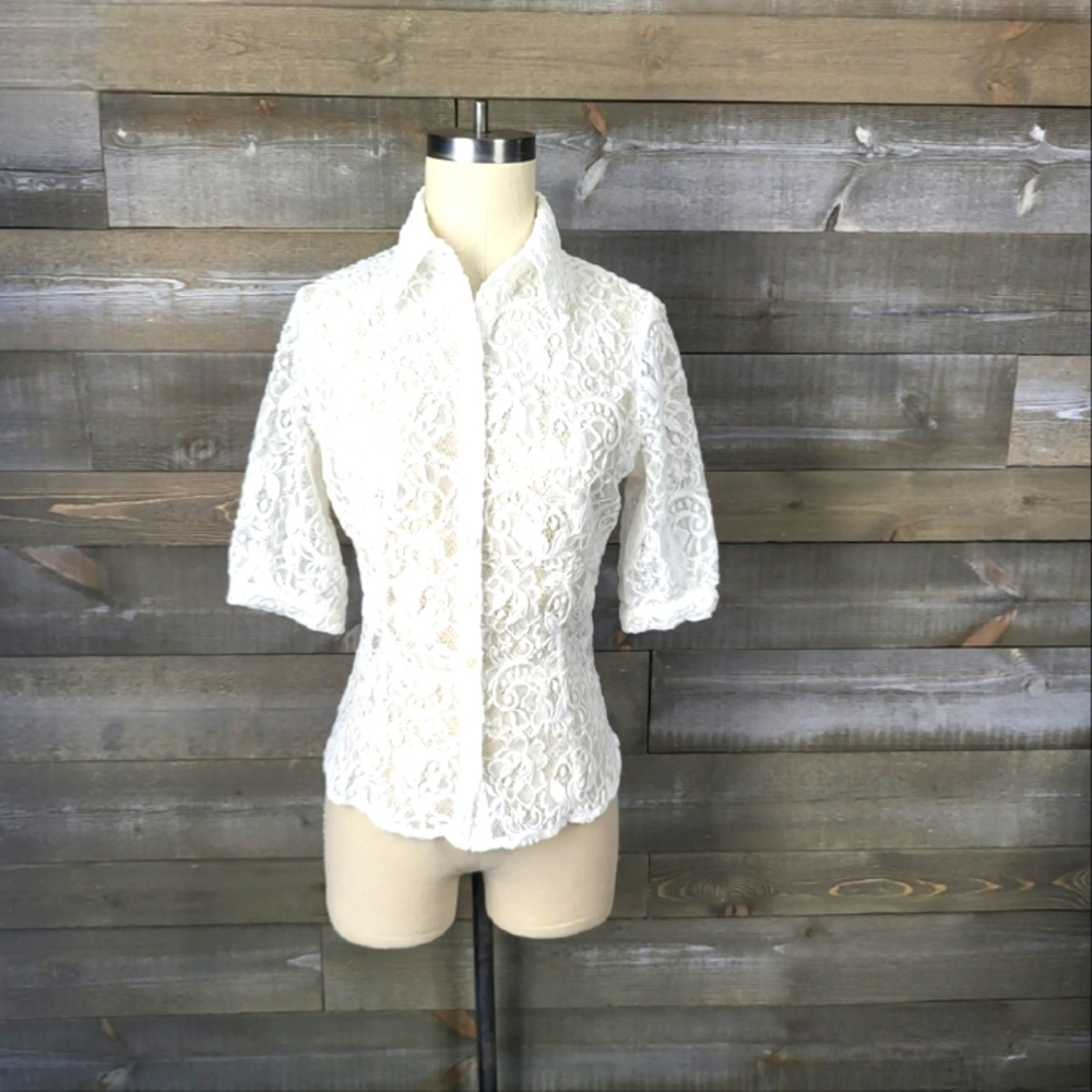 Anne Fontaine Paris Beth Sheer Floral Lace Button Down 3/4" Sleeve Top